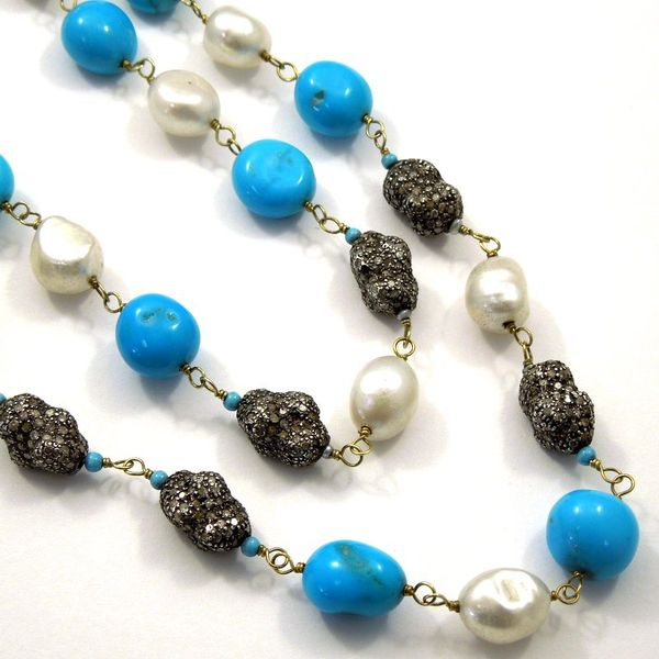 Black Diamond, Turquoise and Pearl Long Necklace Joint Venture Jewelry Cary, NC