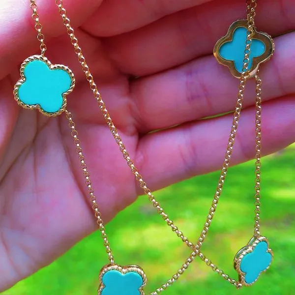 14k Yellow Gold Five Station Turquoise Clover Necklace – Estate | Joint Venture Jewelry Image 3 Joint Venture Jewelry Cary, NC