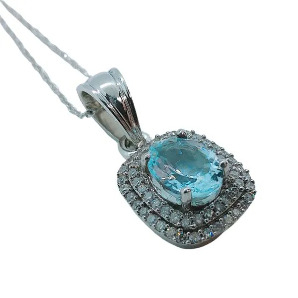 Aquamarine and Diamond Halo Necklace Image 2 Joint Venture Jewelry Cary, NC