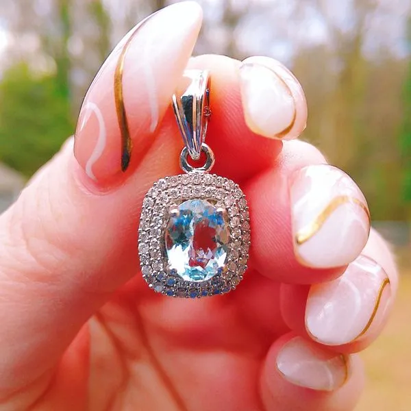 Aquamarine and Diamond Halo Necklace Image 3 Joint Venture Jewelry Cary, NC