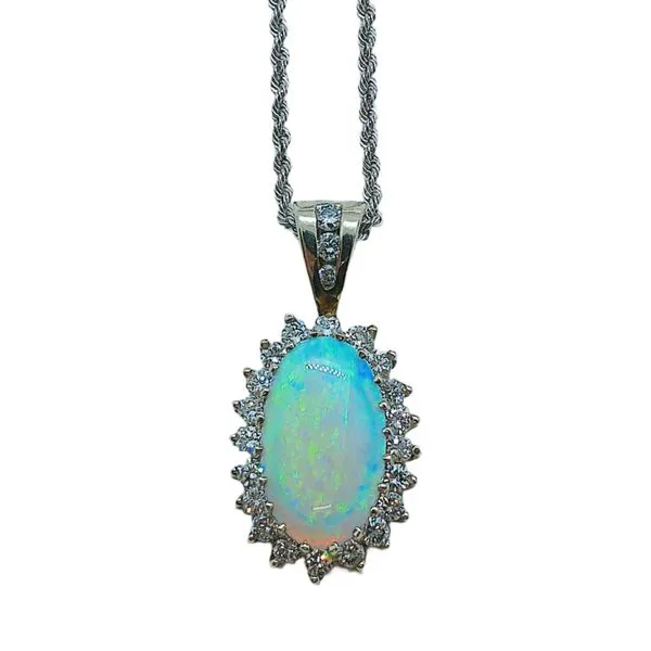 14K White Gold 3.68 CT Opal & Diamond Halo Pendant with Chain Joint Venture Jewelry Cary, NC