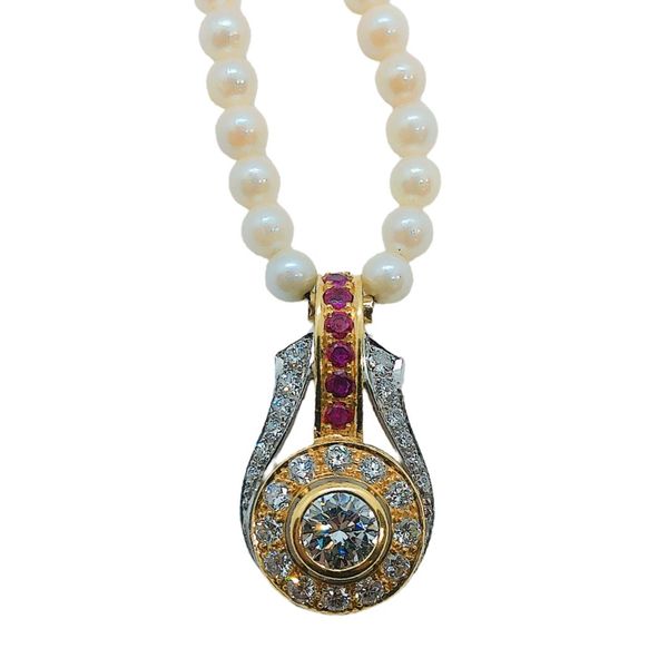 Estate Pearl Necklace with Diamond & Ruby Enhancer Pendant Joint Venture Jewelry Cary, NC