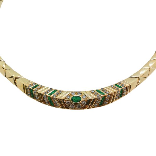 Estate 18K Gold Emerald & Diamond Collar Necklace Image 2 Joint Venture Jewelry Cary, NC