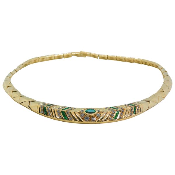 Estate 18K Gold Emerald & Diamond Collar Necklace Image 3 Joint Venture Jewelry Cary, NC