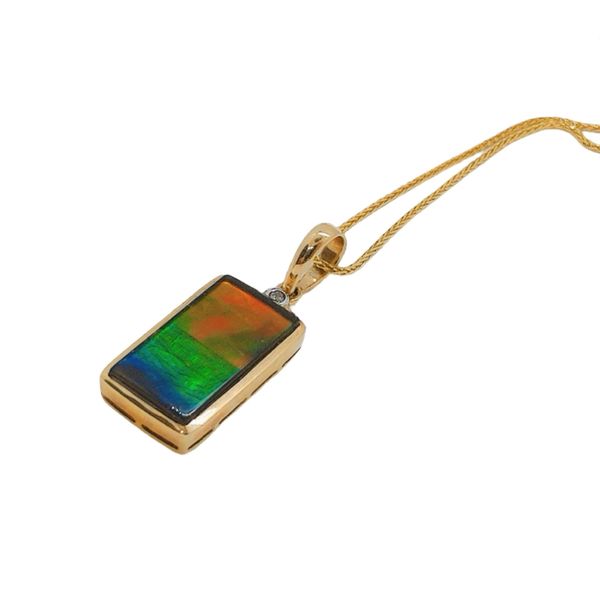 Estate 14K Yellow Gold Rainbow Ammolite & Diamond Pendant Necklace Image 2 Joint Venture Jewelry Cary, NC