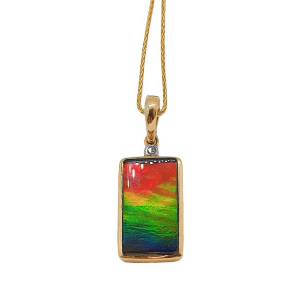 Estate 14K Yellow Gold Rainbow Ammolite & Diamond Pendant Necklace Joint Venture Jewelry Cary, NC