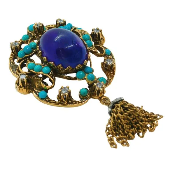 Estate Amethyst, Diamond and Turquoise Pin/Pendant Image 2 Joint Venture Jewelry Cary, NC
