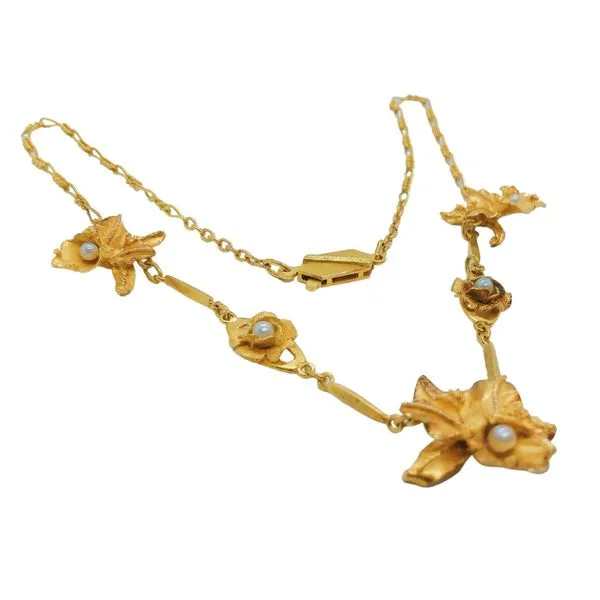 18k Yellow Gold Vintage Floral Station Necklace with Pearls Image 2 Joint Venture Jewelry Cary, NC