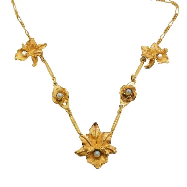 18k Yellow Gold Vintage Floral Station Necklace with Pearls Image 3 Joint Venture Jewelry Cary, NC