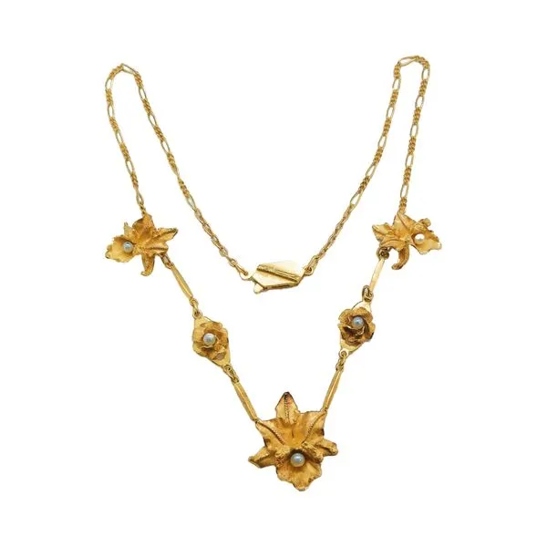 18k Yellow Gold Vintage Floral Station Necklace with Pearls Joint Venture Jewelry Cary, NC