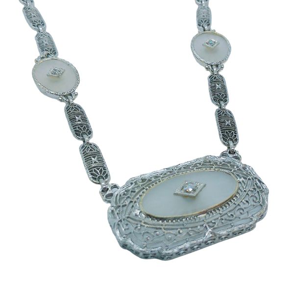 14K White Gold Vintage Crystal & Diamond Filigree Station Necklace – 14