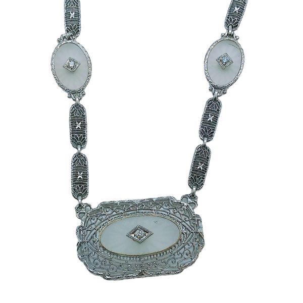 14K White Gold Vintage Crystal & Diamond Filigree Station Necklace – 14