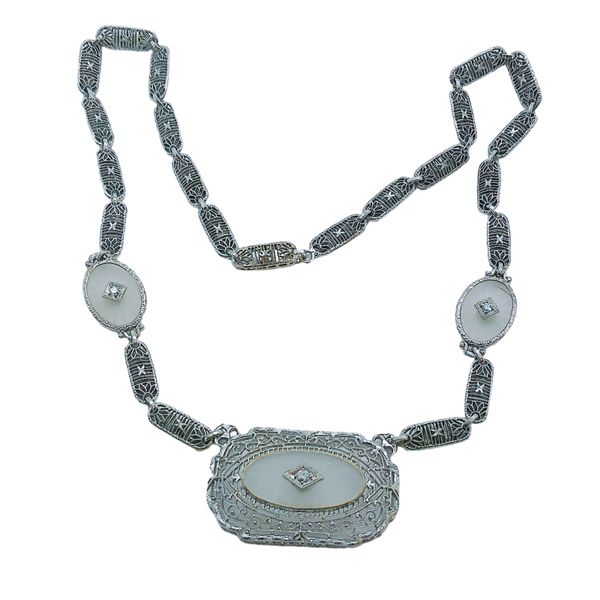 14K White Gold Vintage Crystal & Diamond Filigree Station Necklace – 14