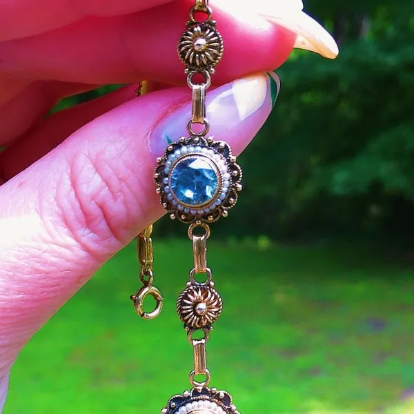 14K Green Gold Art Deco Blue Zircon & Seed Pearl Bracelet – 5.25 CTW Image 4 Joint Venture Jewelry Cary, NC