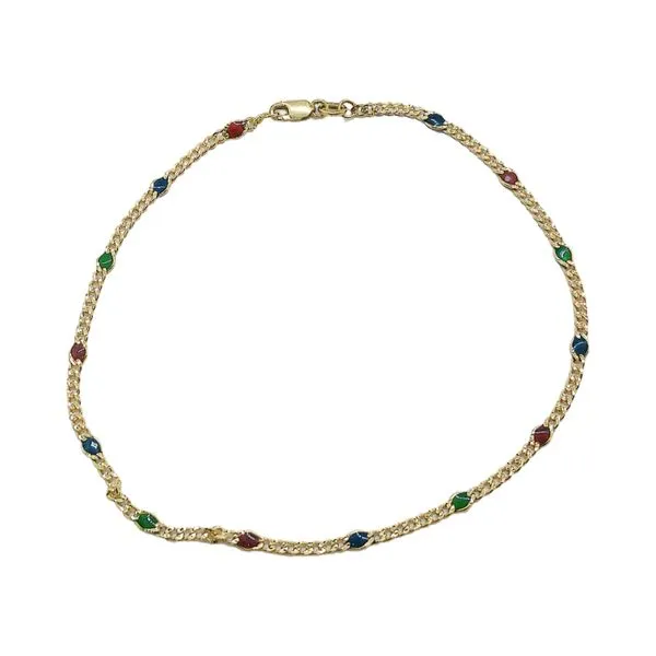 14K Yellow Gold Red, Blue & Green Enamel Anklet Joint Venture Jewelry Cary, NC