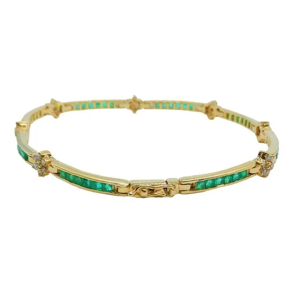 18K Yellow Gold Emerald & Diamond Flower Line Bracelet Image 2 Joint Venture Jewelry Cary, NC