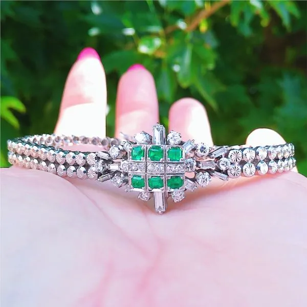 18k White Gold Vintage Emerald and Diamond Bracelet Image 5 Joint Venture Jewelry Cary, NC
