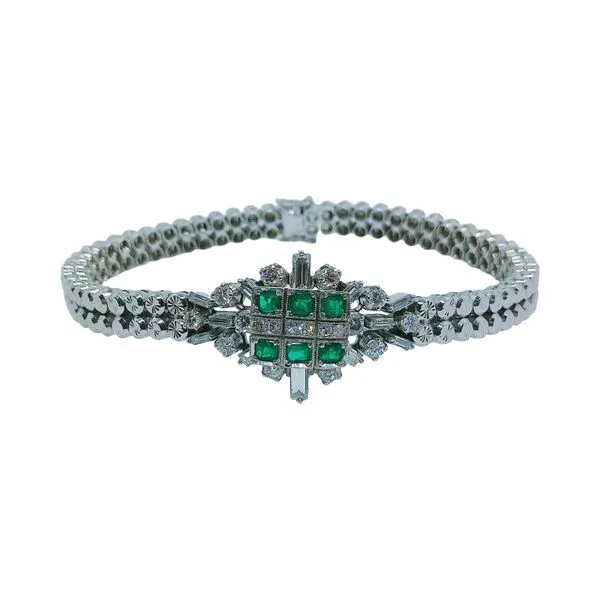 18k White Gold Vintage Emerald and Diamond Bracelet Joint Venture Jewelry Cary, NC