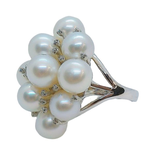 18K White Gold 12 Pearl Diamond Cluster Estate Ring Image 2 Joint Venture Jewelry Cary, NC