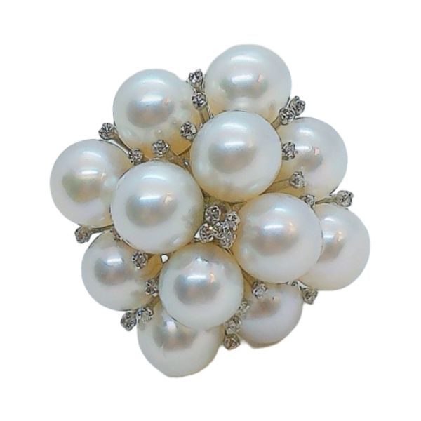 18K White Gold 12 Pearl Diamond Cluster Estate Ring Joint Venture Jewelry Cary, NC