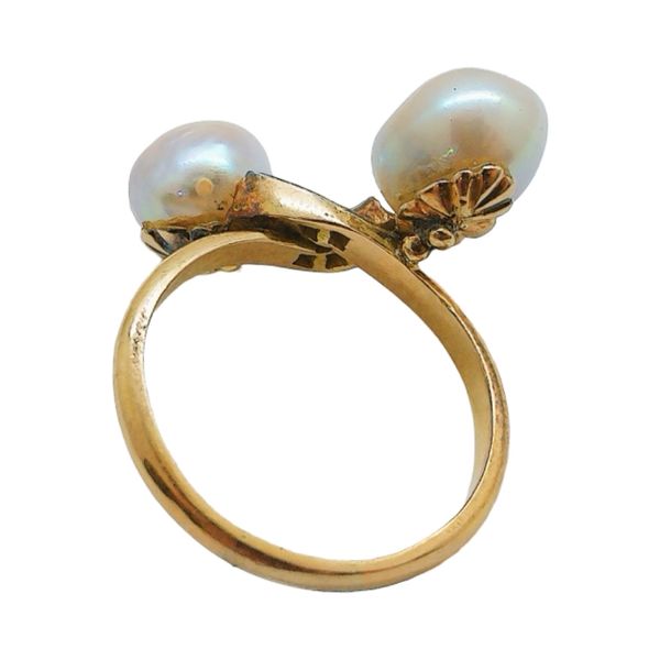 Edwardian Pearl & Diamond Bypass Ring | Platinum on 18K Gold Image 3 Joint Venture Jewelry Cary, NC