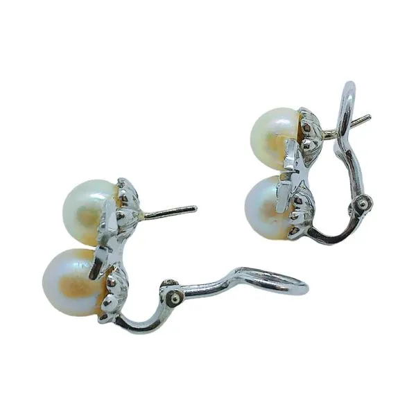 Estate 14k White Gold Pearl & Diamond Bow Earrings Image 2 Joint Venture Jewelry Cary, NC