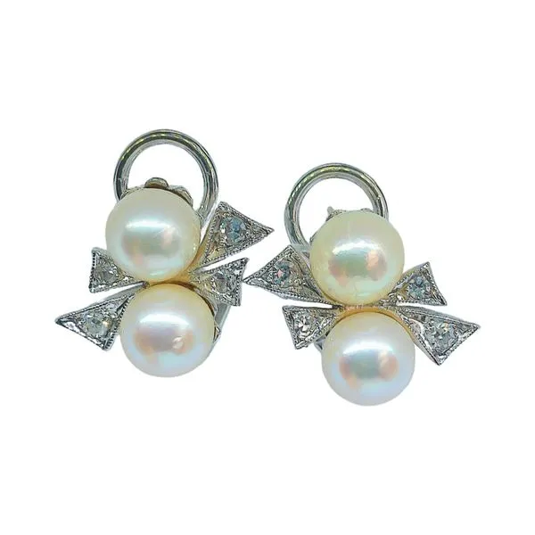 Estate 14k White Gold Pearl & Diamond Bow Earrings Joint Venture Jewelry Cary, NC