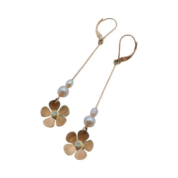 Rose Gold Pearl & Diamond Flower Drop Earrings Joint Venture Jewelry Cary, NC