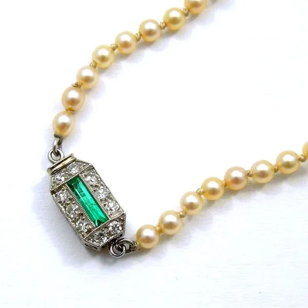 Vintage Emerald and Diamond Clasp Pearl Necklace Joint Venture Jewelry Cary, NC