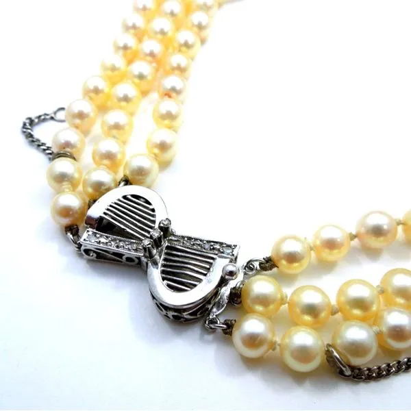 Vintage Three Strand Pearl and Diamond Necklace Image 2 Joint Venture Jewelry Cary, NC