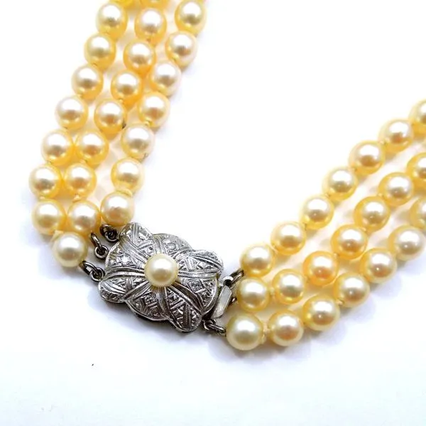 Vintage Diamond Three Strand Pearl Necklace Image 2 Joint Venture Jewelry Cary, NC