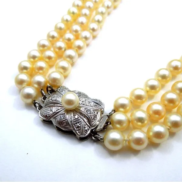 Vintage Diamond Three Strand Pearl Necklace Image 3 Joint Venture Jewelry Cary, NC
