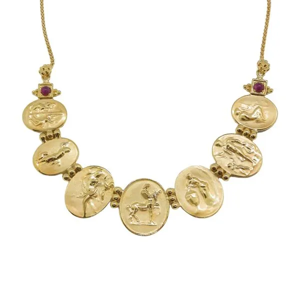 18K Yellow Gold Medallion Necklace with Cabochon Ruby Accents Joint Venture Jewelry Cary, NC