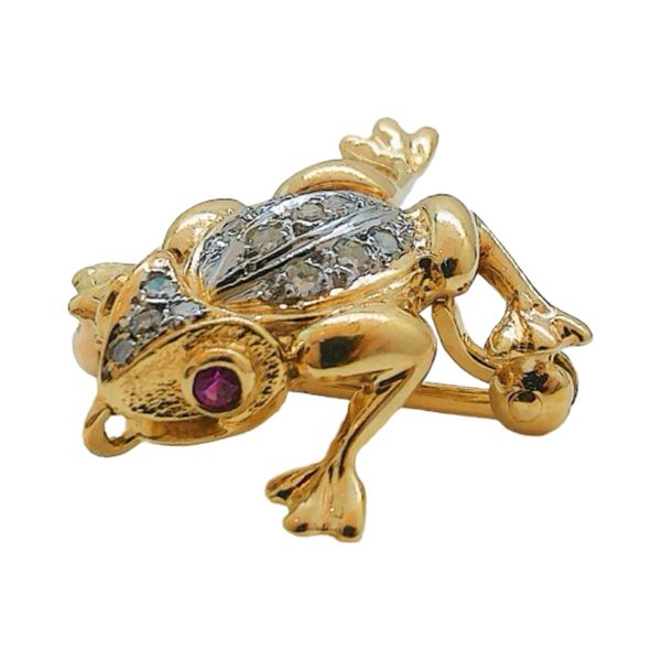 14K Gold Diamond Frog Brooch with Ruby Eyes Image 2 Joint Venture Jewelry Cary, NC