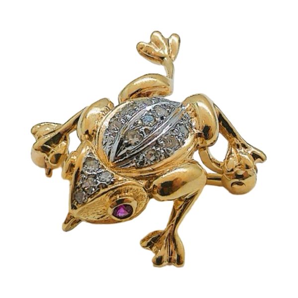 14K Gold Diamond Frog Brooch with Ruby Eyes Joint Venture Jewelry Cary, NC