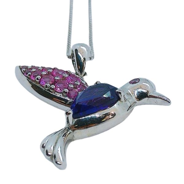Sterling Silver Amethyst & Pink Tourmaline Hummingbird Pendant with Chain Image 2 Joint Venture Jewelry Cary, NC