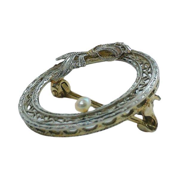 Antique Krementz & Co. 14K White Gold Filigree Pearl Circle Pin – Circa 1920 Image 2 Joint Venture Jewelry Cary, NC
