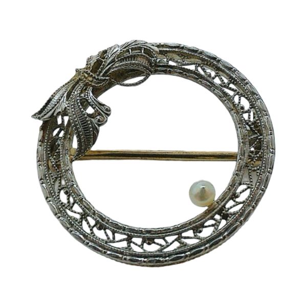 Antique Krementz & Co. 14K White Gold Filigree Pearl Circle Pin – Circa 1920 Joint Venture Jewelry Cary, NC