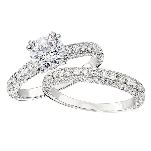 Jabel White Gold Semi Mount Engagement Ring with Prong Set Round Diamonds, Milgrain and Engraved Detail Image 2 J. Schrecker Jewelry Hopkinsville, KY