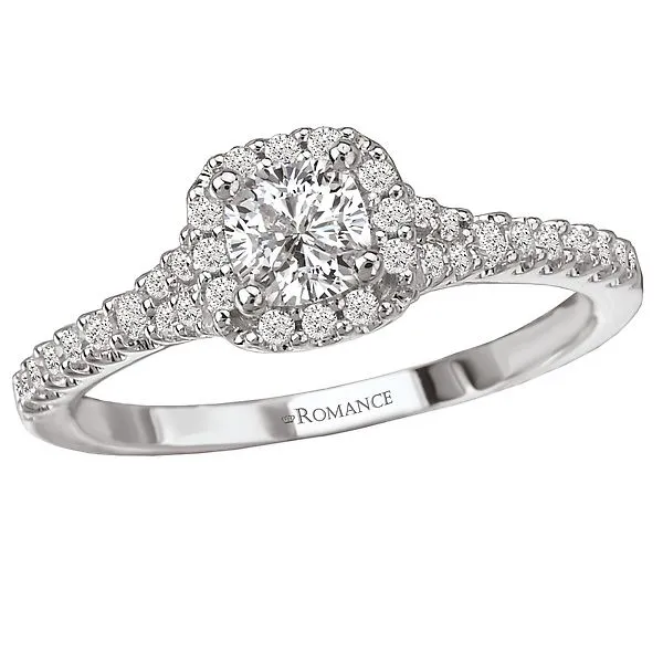 14 Karat White Gold Diamond Bridal Ring with a Cushion Cut Center Diamond and Halo J. Schrecker Jewelry Hopkinsville, KY