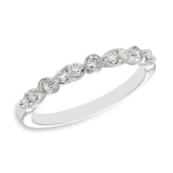 14 Karat White Gold Diamond Band with Prong Set Round Diamonds with Milgrain Detail J. Schrecker Jewelry Hopkinsville, KY
