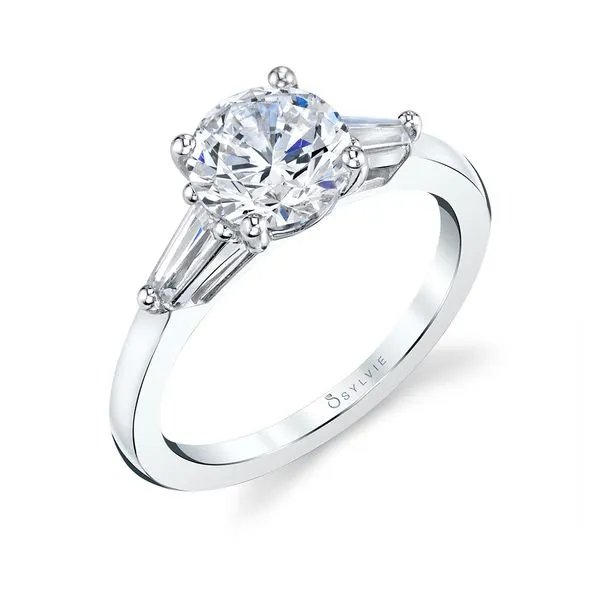 Sylvie Nicolette White Gold Engagement ring with Tapered Baguette Diamonds for a 1.50 Carat Round J. Schrecker Jewelry Hopkinsville, KY