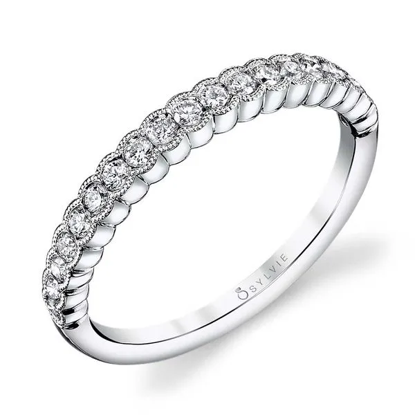 Sylvie Angeline White Gold Stackable Diamond Band with Bezel Set Round Diamonds and Milgrain Detail J. Schrecker Jewelry Hopkinsville, KY