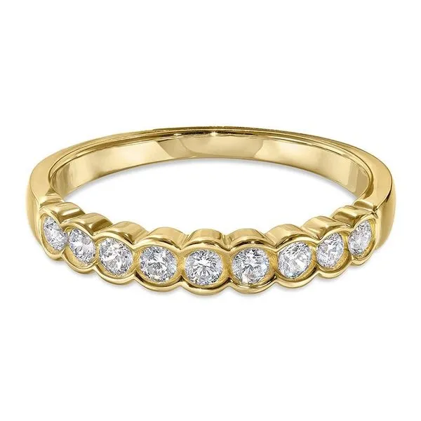 Yellow Gold Wedding Band with Round Diamonds in Scallop Half Bezel Design J. Schrecker Jewelry Hopkinsville, KY