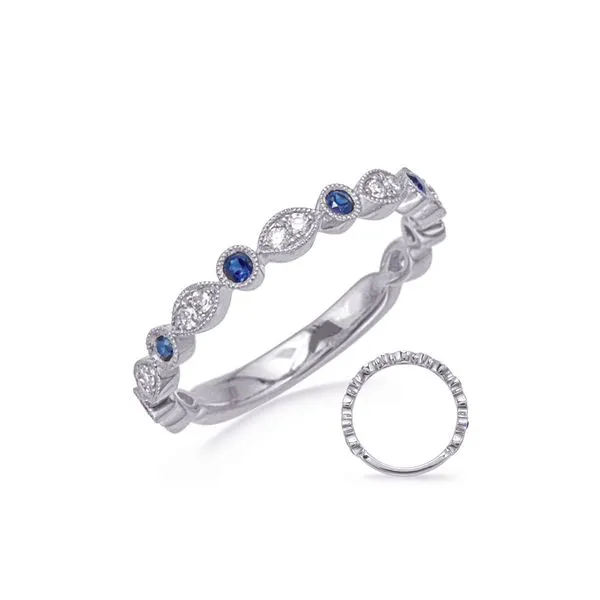 14 Karat White Gold Band with Round Diamonds and Bezel Set Round Blue Sapphires J. Schrecker Jewelry Hopkinsville, KY