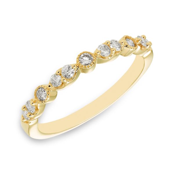 Yellow Gold Diamond Band with Prong Set Round Diamonds with Milgrain Detail J. Schrecker Jewelry Hopkinsville, KY