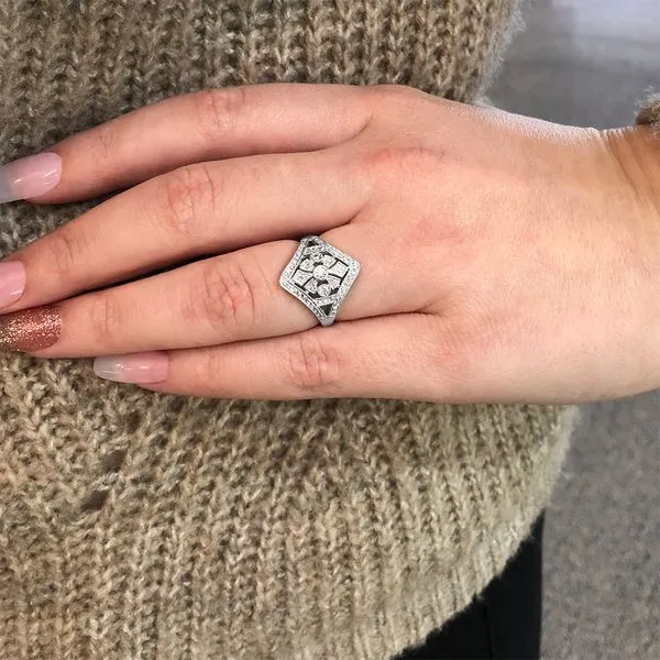 White Gold Antique-Look Low Profile Diamond Ring with Round Diamonds and Milgrain / Beading Detail Image 2 J. Schrecker Jewelry Hopkinsville, KY