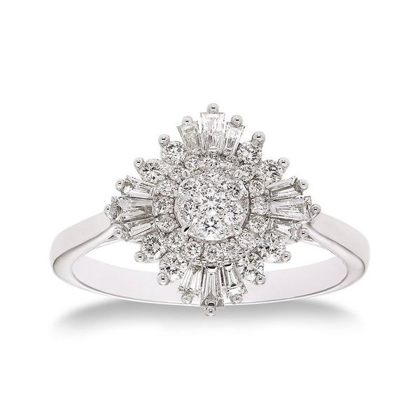 White Gold Cluster Ring with Baguette and Round Diamonds J. Schrecker Jewelry Hopkinsville, KY