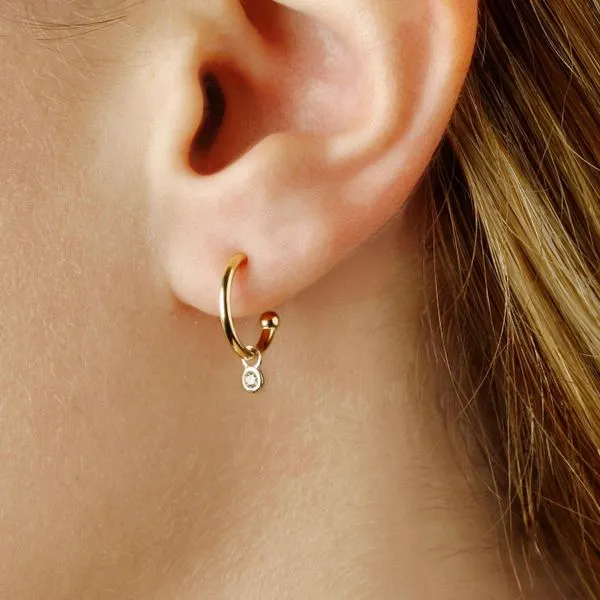 Yellow Gold Hoop Earrings with Bezel Set Round Diamond J. Schrecker Jewelry Hopkinsville, KY
