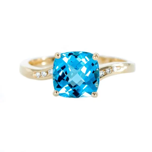 Yellow Gold Cushion Cut Swiss Blue Topaz with Checkerboard Top and Channel Set Round Diamonds J. Schrecker Jewelry Hopkinsville, KY